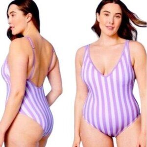 Kona Sol Plus One Piece Purple Stripe Print V-Neck High Leg Swim Suit 24W Plus